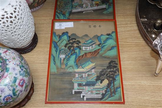 Chinese School, early 20th century, pair of gouache on silk, Pagodas and procession in mountainous landscapes, 32.5 x 25cm